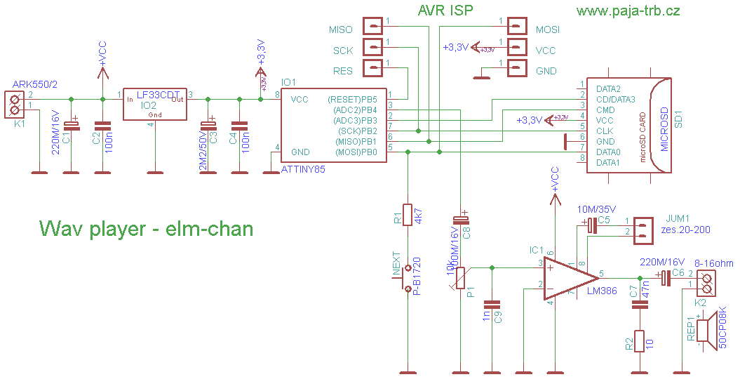 Wav player s ATtiny85 a LM386 - schéma wav player - schema